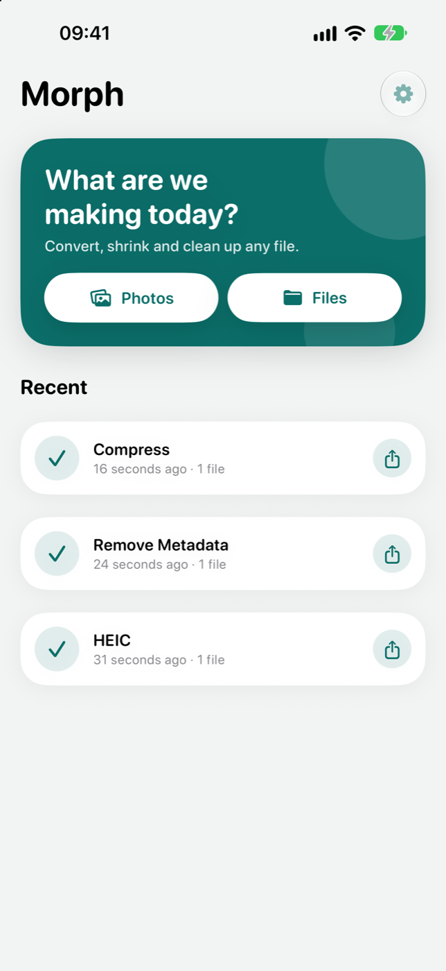 Morph's home screen on iPhone with recent jobs