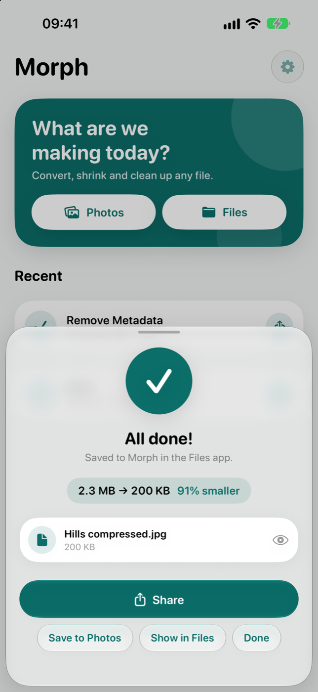 A finished conversion with options to share or save to Photos