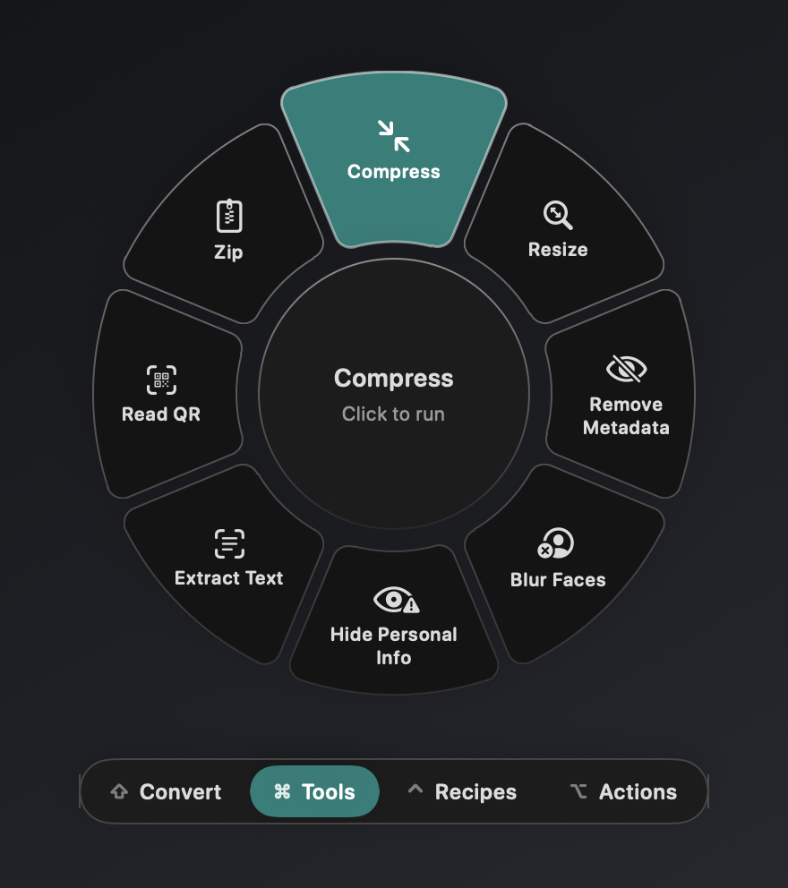 The Tools wheel in dark mode with Compress highlighted