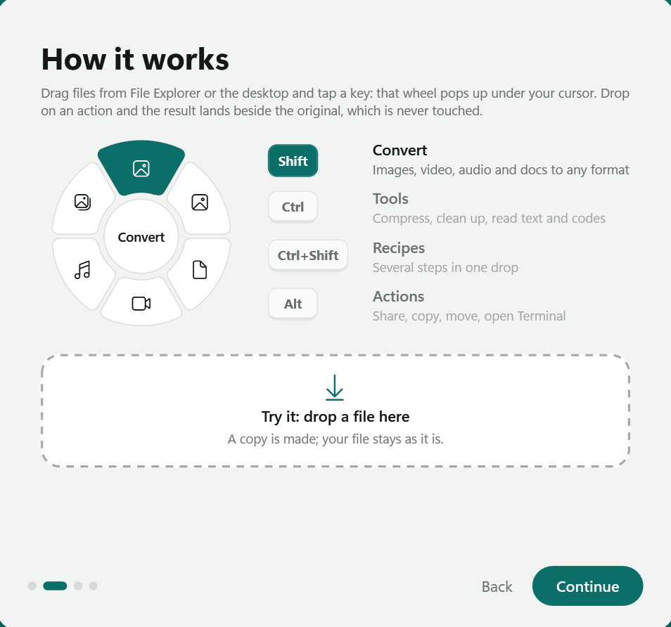 Morph's welcome guide on Windows explaining each wheel's key
